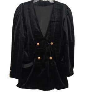 Velvet Jacket BLACK Blazer GOLD BUTTONS Deep V-neck Front Puff Shoulders Pockets